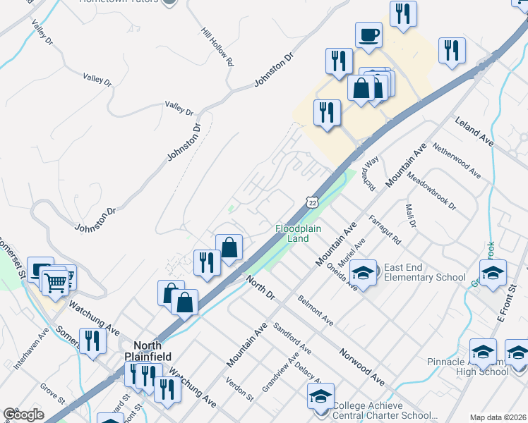 map of restaurants, bars, coffee shops, grocery stores, and more near 12106 Crystal Ridge Drive in Watchung