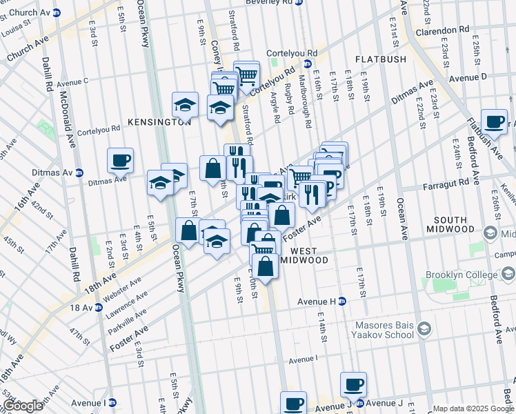 map of restaurants, bars, coffee shops, grocery stores, and more near 945 Coney Island Avenue in Brooklyn