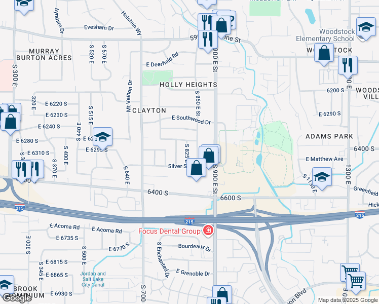 map of restaurants, bars, coffee shops, grocery stores, and more near 6415 South Silverbell Street in Murray