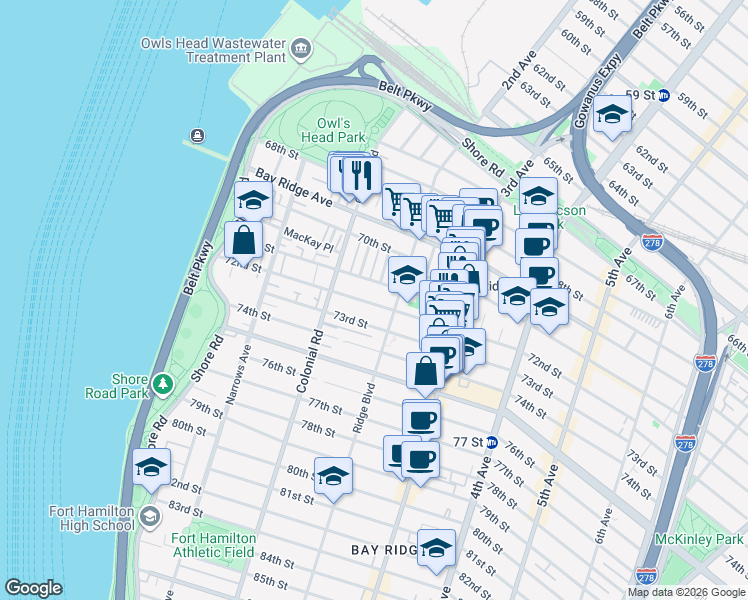 map of restaurants, bars, coffee shops, grocery stores, and more near 138 71st Street in Brooklyn