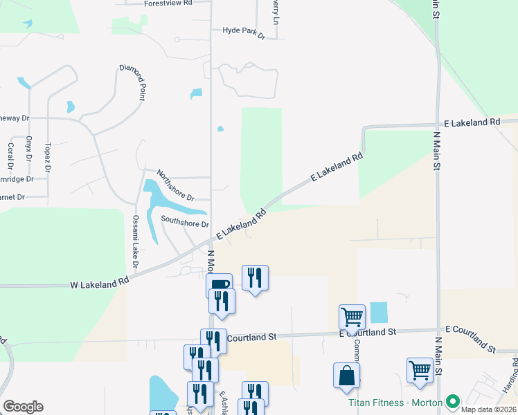 map of restaurants, bars, coffee shops, grocery stores, and more near 245 East Lakeland Road in Morton