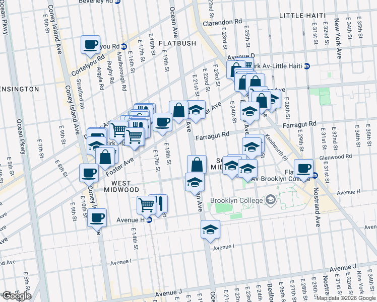 map of restaurants, bars, coffee shops, grocery stores, and more near 641 East 19th Street in Brooklyn