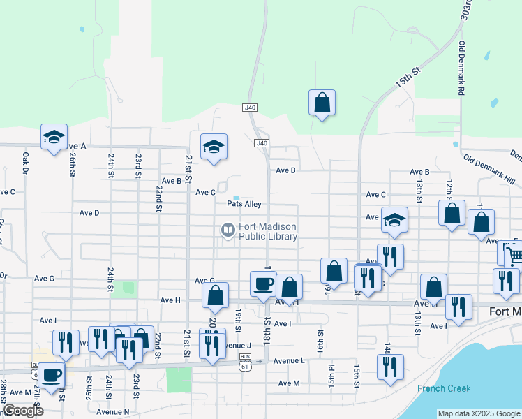 map of restaurants, bars, coffee shops, grocery stores, and more near 385 Pats Alley in Fort Madison