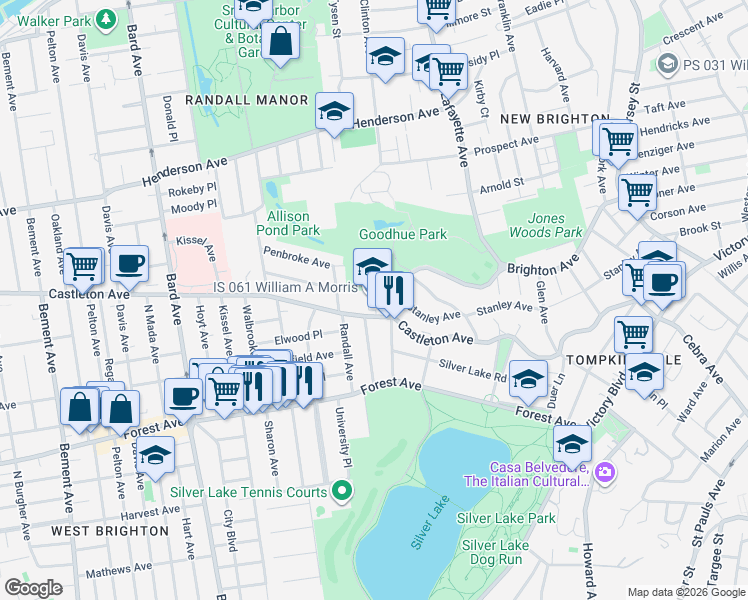 map of restaurants, bars, coffee shops, grocery stores, and more near 445 Castleton Avenue in Staten Island