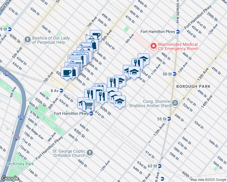 map of restaurants, bars, coffee shops, grocery stores, and more near Fort Hamilton Pkwy & 57th St in Brooklyn