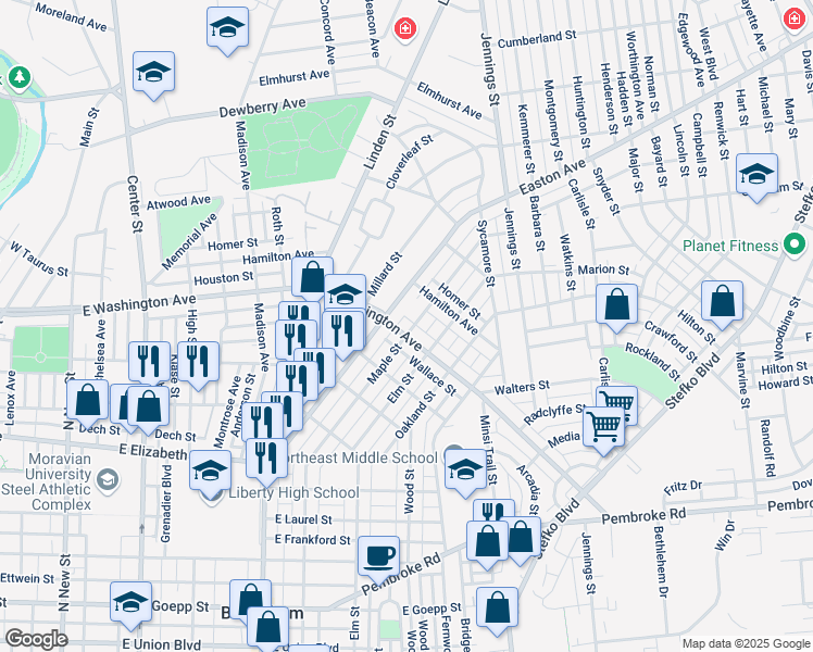 map of restaurants, bars, coffee shops, grocery stores, and more near 1625 Maple Street in Bethlehem