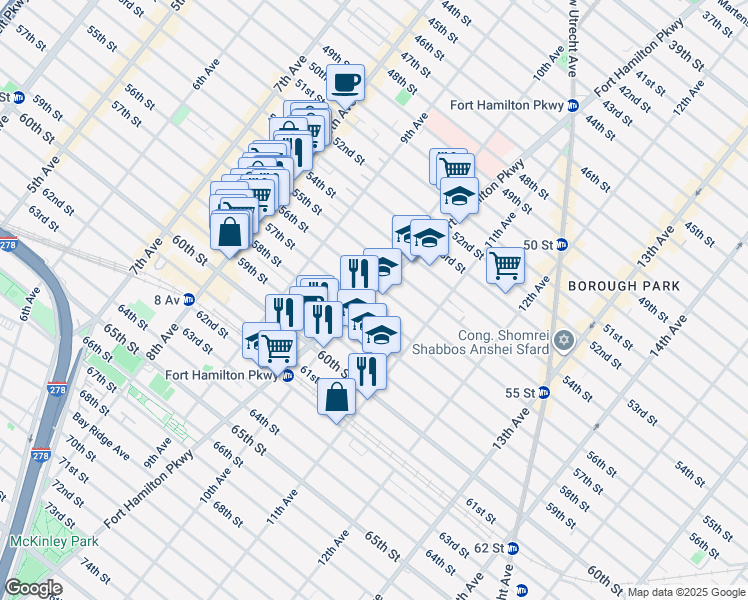 map of restaurants, bars, coffee shops, grocery stores, and more near 5521 Fort Hamilton Parkway in Brooklyn