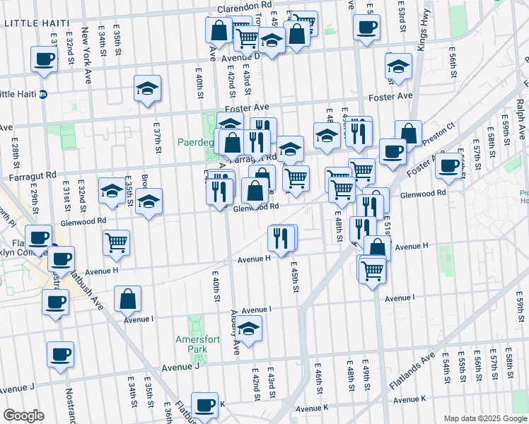 map of restaurants, bars, coffee shops, grocery stores, and more near 4301 Glenwood Road in Brooklyn