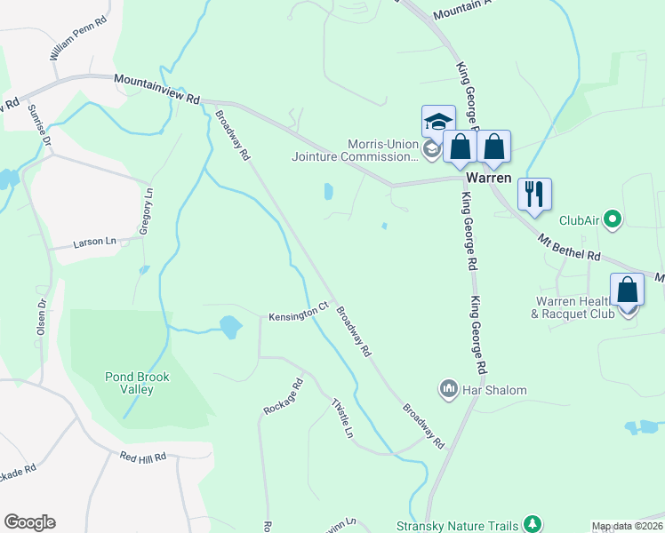 map of restaurants, bars, coffee shops, grocery stores, and more near 52 Broadway Road in Warren
