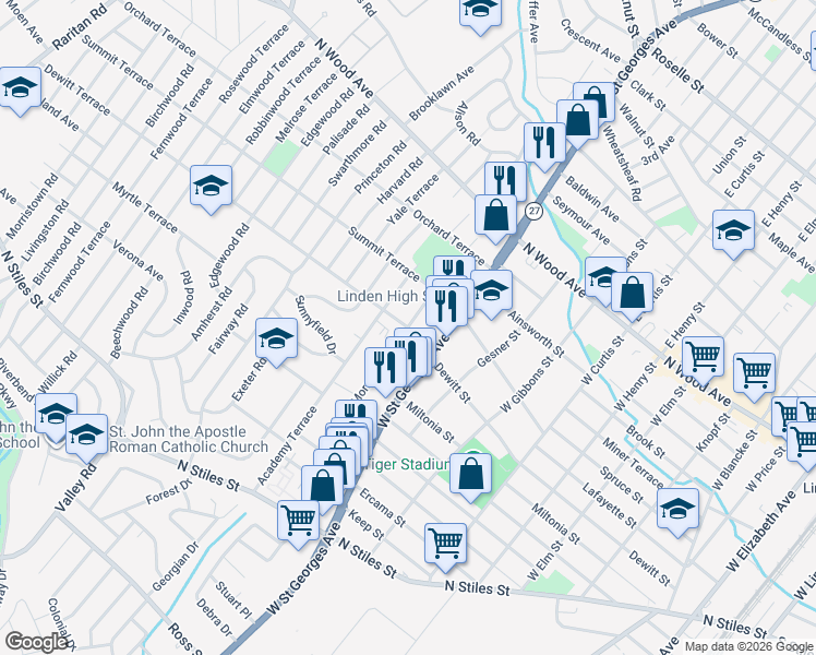 map of restaurants, bars, coffee shops, grocery stores, and more near Morningside Avenue in Linden