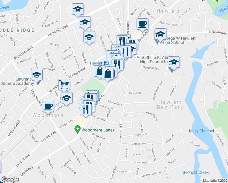 map of restaurants, bars, coffee shops, grocery stores, and more near Broadway in Hewlett