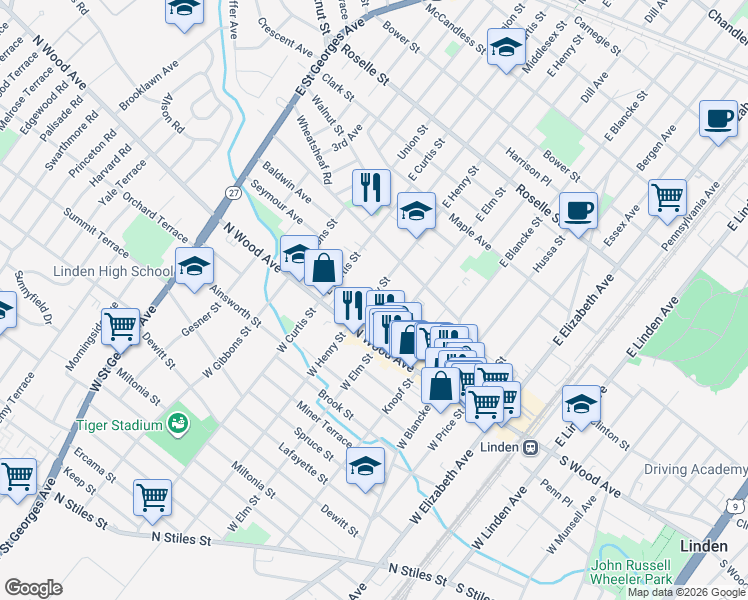map of restaurants, bars, coffee shops, grocery stores, and more near 45 East Henry Street in Linden