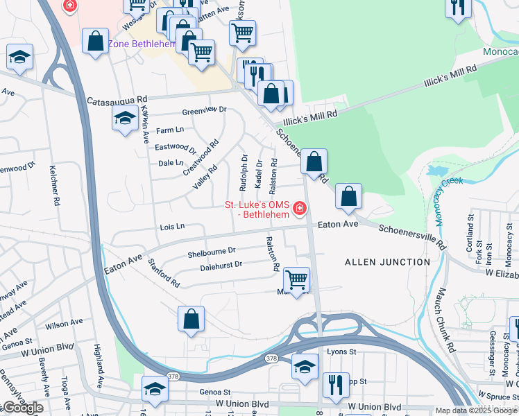 map of restaurants, bars, coffee shops, grocery stores, and more near 1503 Kadel Drive in Bethlehem