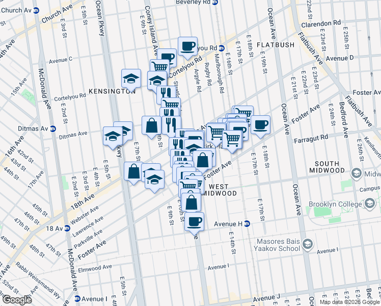 map of restaurants, bars, coffee shops, grocery stores, and more near 570 Westminster Road in Brooklyn