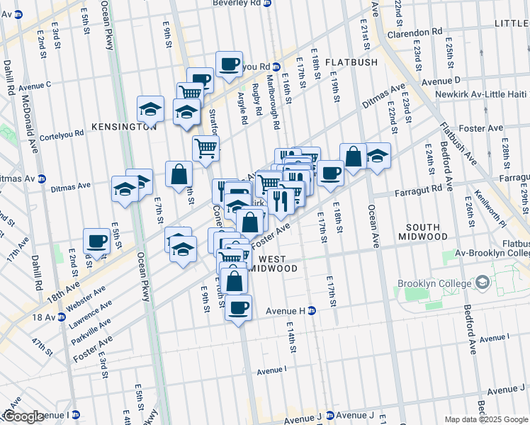 map of restaurants, bars, coffee shops, grocery stores, and more near 1301 Newkirk Avenue in Brooklyn