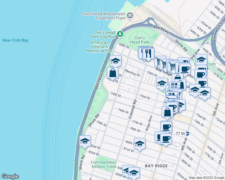 map of restaurants, bars, coffee shops, grocery stores, and more near 7216 Narrows Avenue in Brooklyn