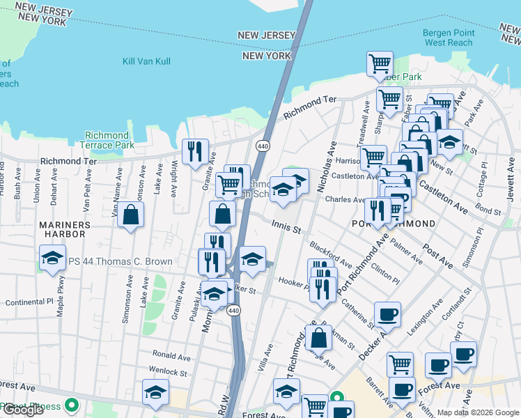 map of restaurants, bars, coffee shops, grocery stores, and more near 176 John St in Staten Island