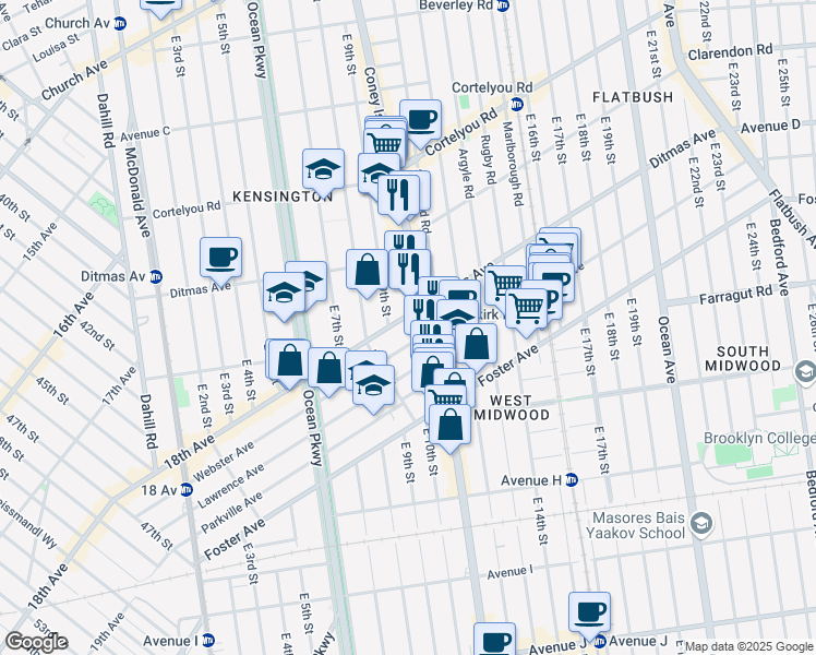 map of restaurants, bars, coffee shops, grocery stores, and more near 3723 18th Avenue in Brooklyn