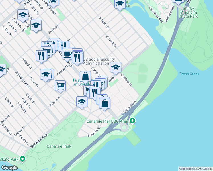 map of restaurants, bars, coffee shops, grocery stores, and more near 9823 Seaview Avenue in Brooklyn