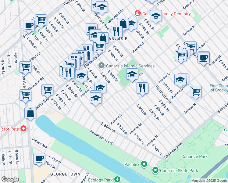 map of restaurants, bars, coffee shops, grocery stores, and more near 1068 East 85th Street in Brooklyn
