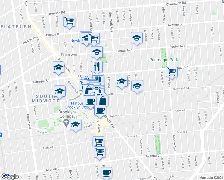 map of restaurants, bars, coffee shops, grocery stores, and more near 653 East 32nd Street in Brooklyn