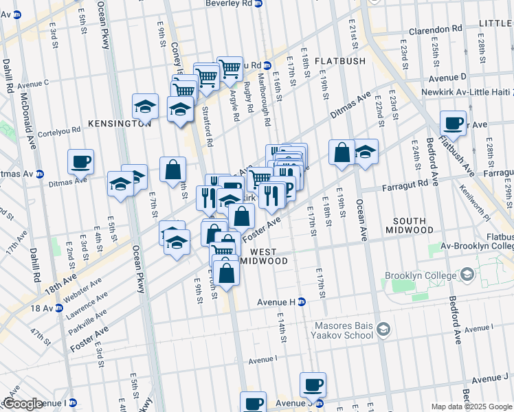 map of restaurants, bars, coffee shops, grocery stores, and more near 1301 Newkirk Avenue in Brooklyn