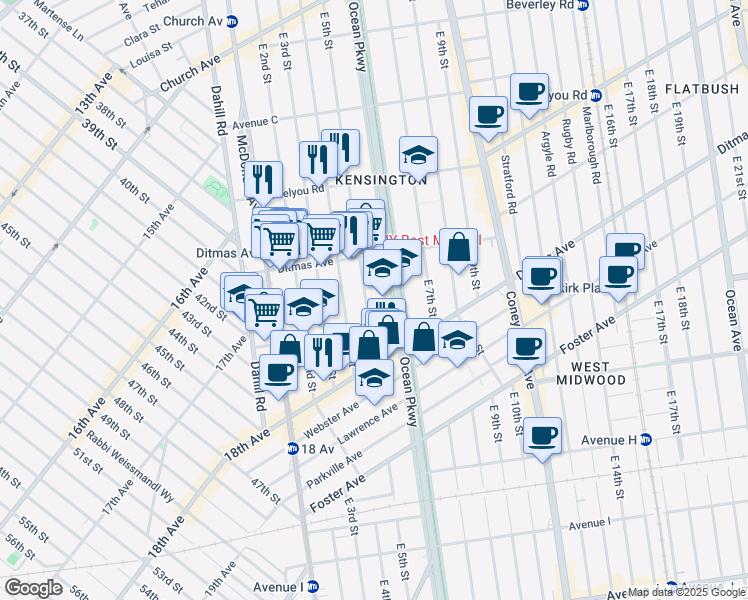 map of restaurants, bars, coffee shops, grocery stores, and more near 702 East 5th Street in Brooklyn