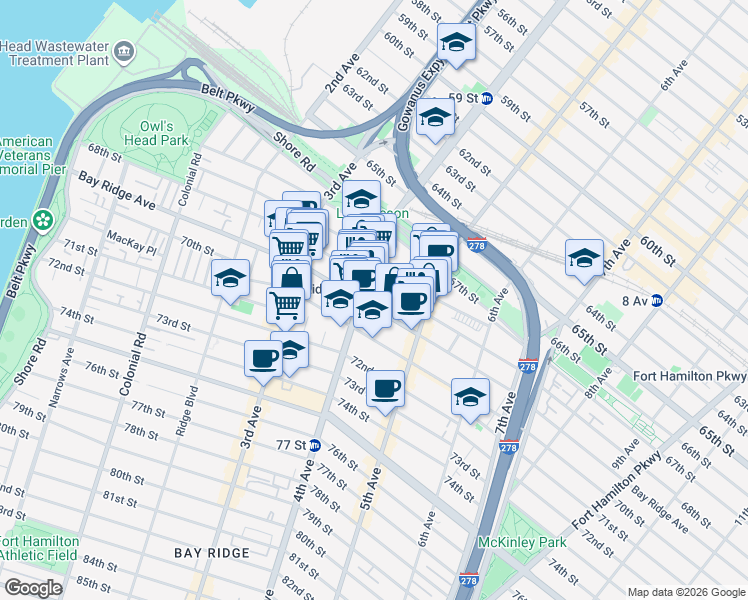 map of restaurants, bars, coffee shops, grocery stores, and more near 377 Bay Ridge Avenue in Brooklyn