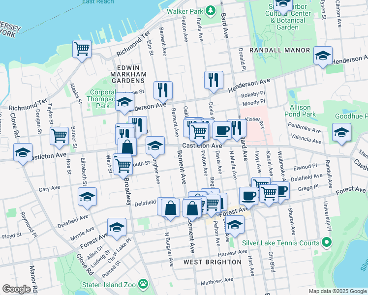map of restaurants, bars, coffee shops, grocery stores, and more near 883 Castleton Avenue in Staten Island
