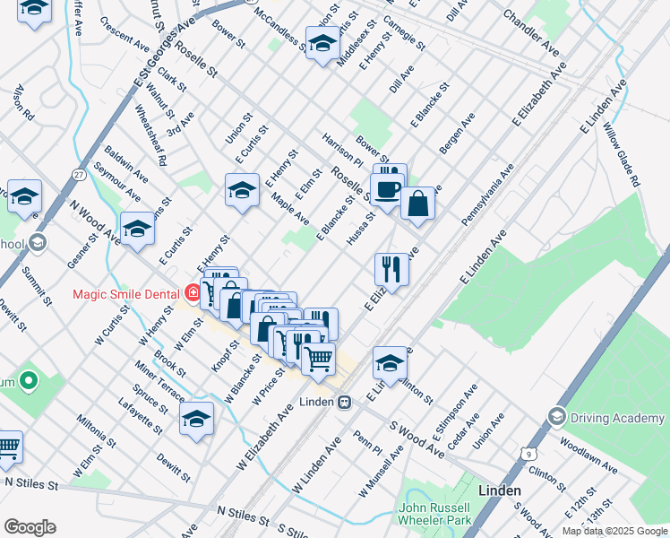 map of restaurants, bars, coffee shops, grocery stores, and more near 409 Hussa Street in Linden