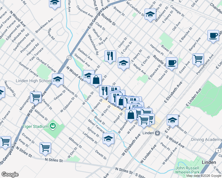map of restaurants, bars, coffee shops, grocery stores, and more near 45 East Henry Street in Linden