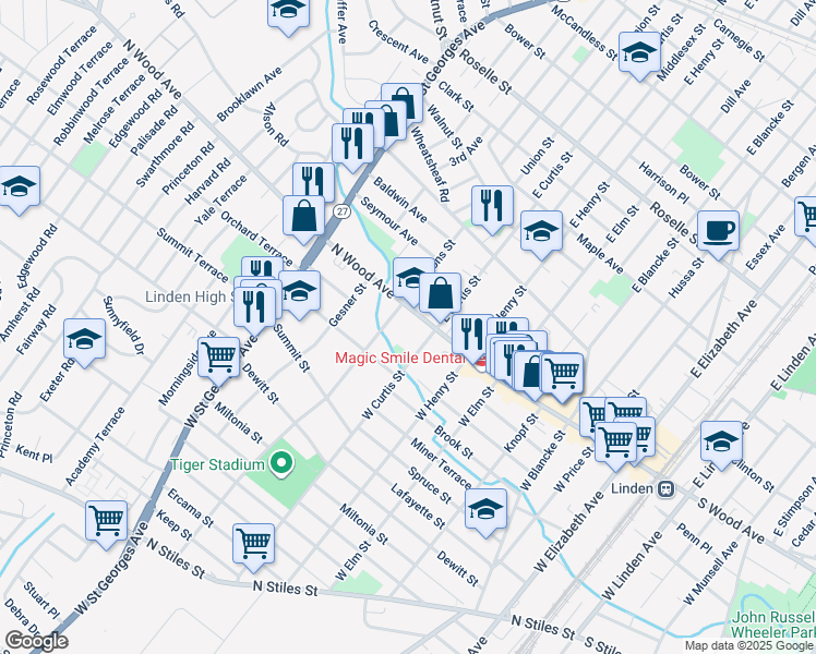 map of restaurants, bars, coffee shops, grocery stores, and more near in Linden