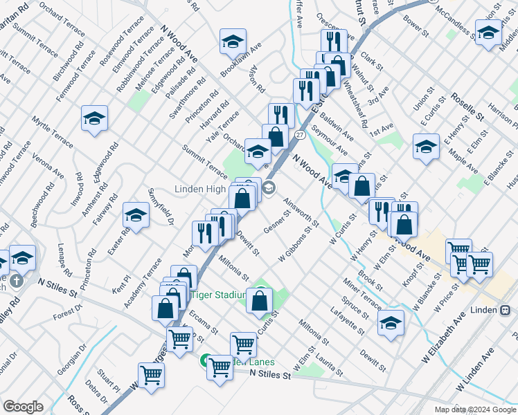 map of restaurants, bars, coffee shops, grocery stores, and more near 200 West Saint Georges Avenue in Linden