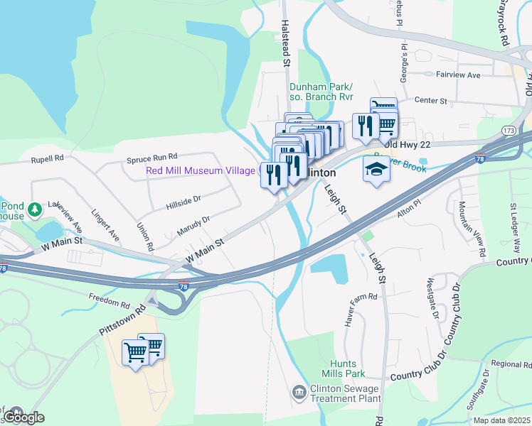map of restaurants, bars, coffee shops, grocery stores, and more near 8 West Main Street in Clinton