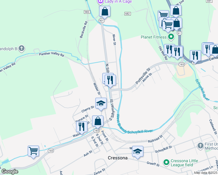 map of restaurants, bars, coffee shops, grocery stores, and more near 17 North Sillyman Street in Cressona