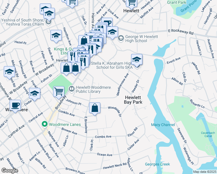 map of restaurants, bars, coffee shops, grocery stores, and more near 146 Midgely Drive in Hewlett