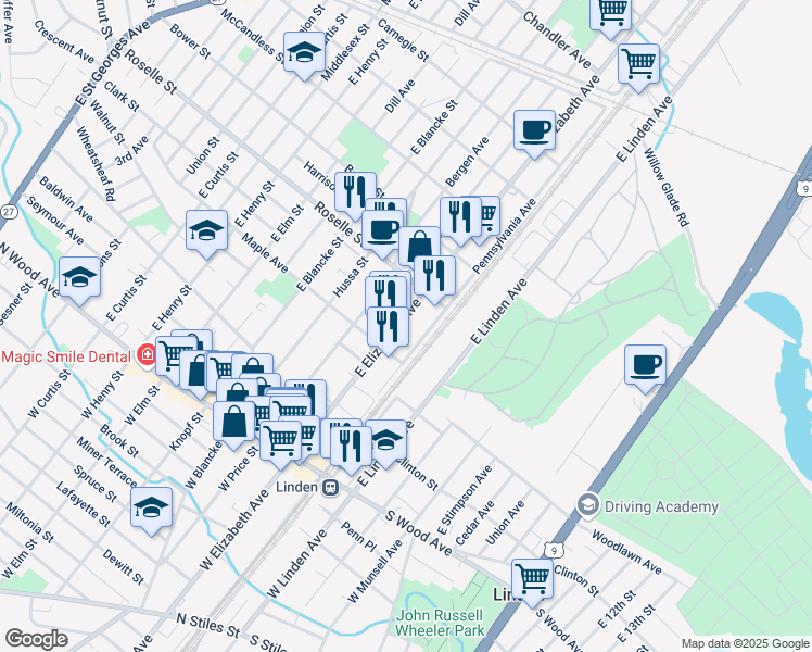map of restaurants, bars, coffee shops, grocery stores, and more near 532 East Elizabeth Avenue in Linden