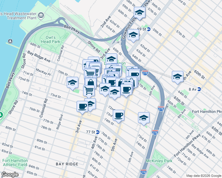 map of restaurants, bars, coffee shops, grocery stores, and more near 4th Avenue & Bay Ridge Avenue in Brooklyn