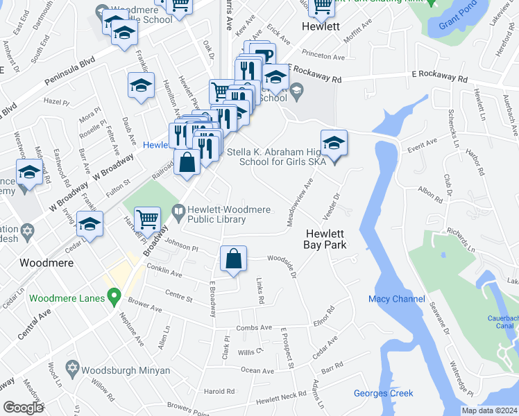 map of restaurants, bars, coffee shops, grocery stores, and more near 146 Midgely Drive in Hewlett