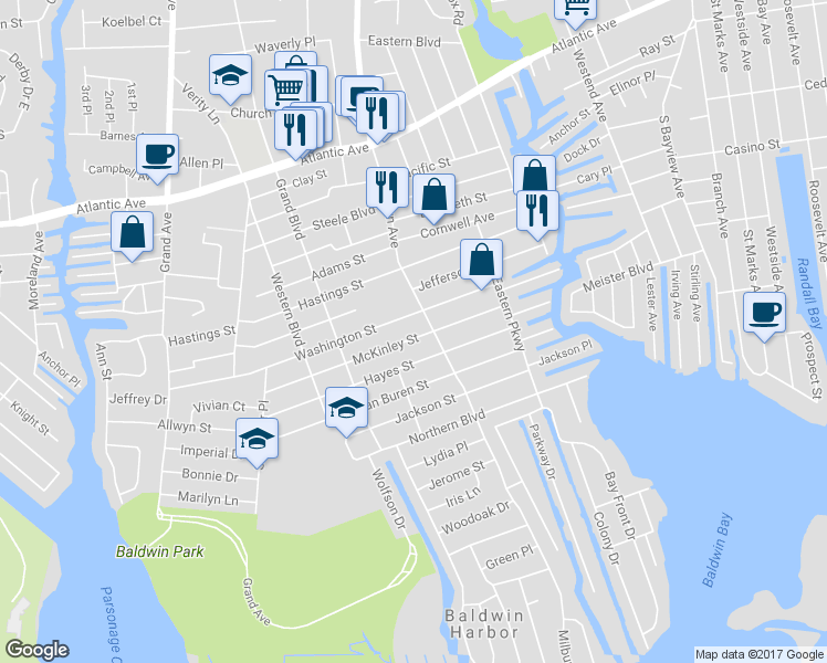 map of restaurants, bars, coffee shops, grocery stores, and more near 981 McKinley Street in Baldwin