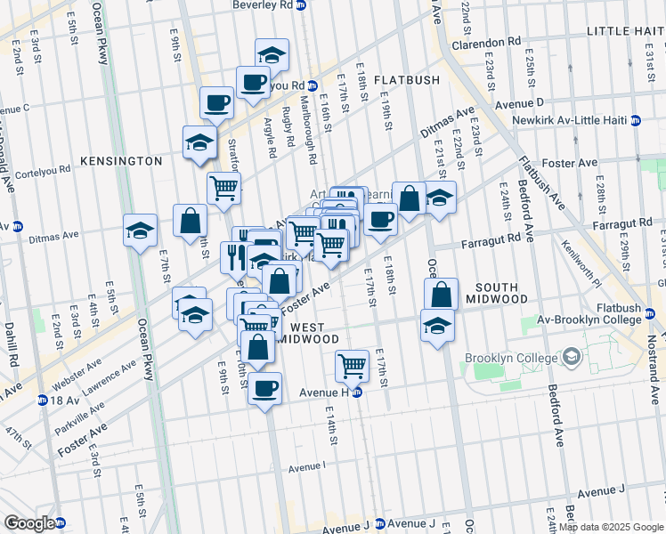 map of restaurants, bars, coffee shops, grocery stores, and more near 1516 Newkirk Avenue in Brooklyn