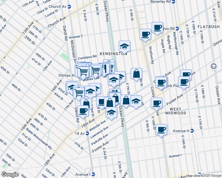 map of restaurants, bars, coffee shops, grocery stores, and more near 702 East 5th Street in Brooklyn