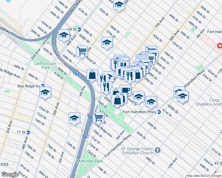 map of restaurants, bars, coffee shops, grocery stores, and more near 701 64th Street in Brooklyn