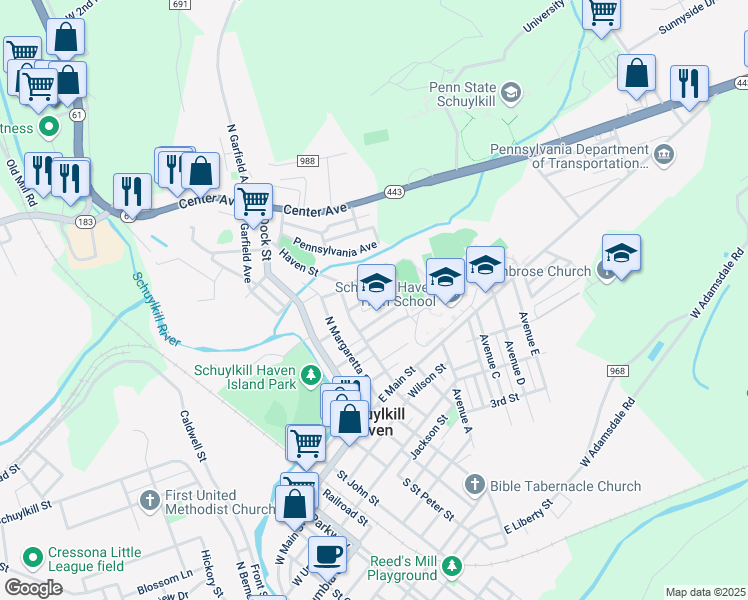 map of restaurants, bars, coffee shops, grocery stores, and more near 440 Hess Street in Schuylkill Haven