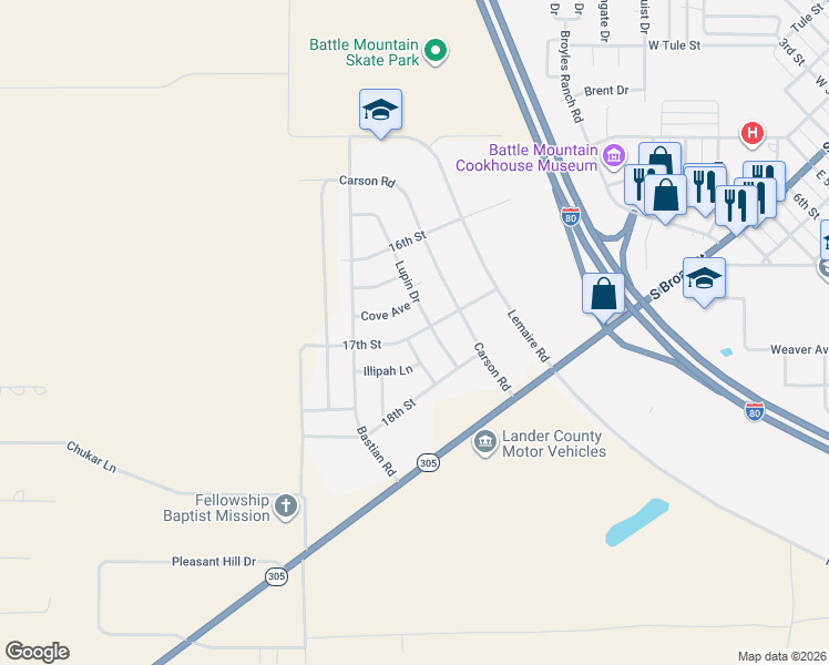 map of restaurants, bars, coffee shops, grocery stores, and more near 107 17th Street in Battle Mountain
