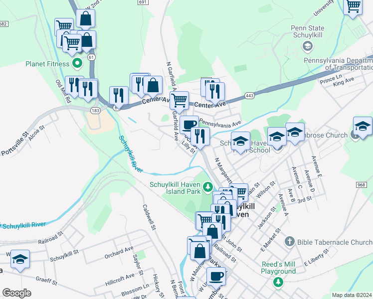 map of restaurants, bars, coffee shops, grocery stores, and more near 304 South Garfield Avenue in Schuylkill Haven