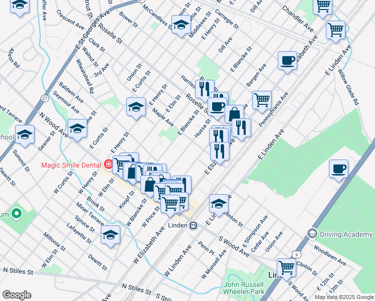map of restaurants, bars, coffee shops, grocery stores, and more near 409 Hussa Street in Linden