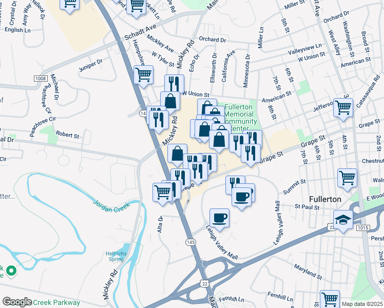 map of restaurants, bars, coffee shops, grocery stores, and more near Whitehall Mall in Whitehall