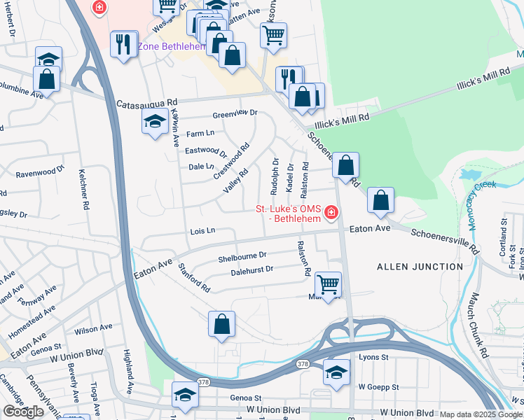 map of restaurants, bars, coffee shops, grocery stores, and more near 1384 Richard Avenue in Bethlehem
