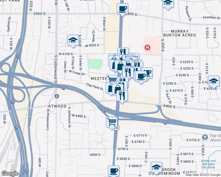 map of restaurants, bars, coffee shops, grocery stores, and more near 22 Clay Park Drive in Salt Lake City